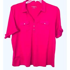 CROFT & BARROW SHORT SLV, V-NECK & 3 FAUX SNAPS, WOMENS, 1X, HOT PINK, POCKETS